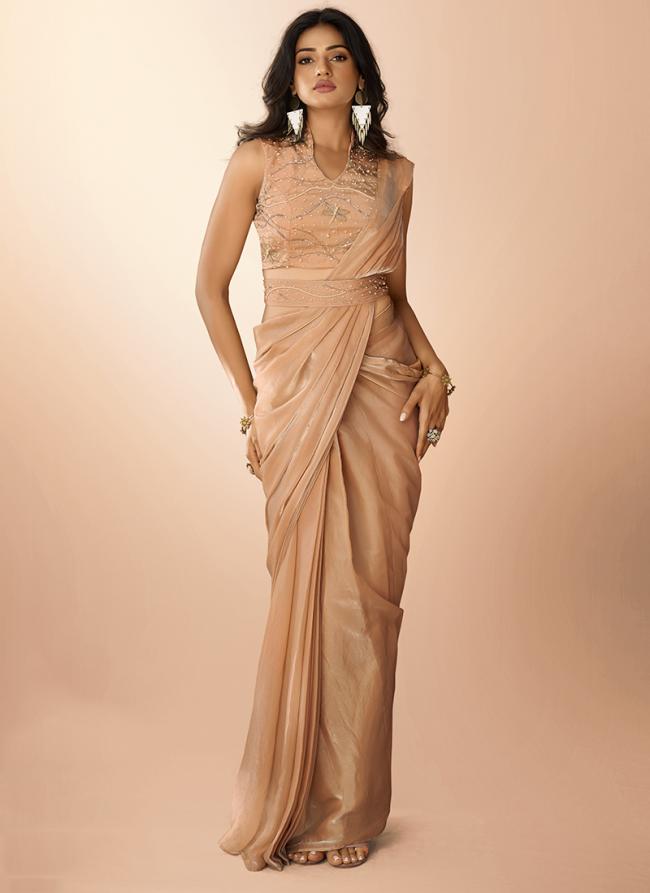 Organza Peach Party Wear Hand Work Ready To Wear Saree